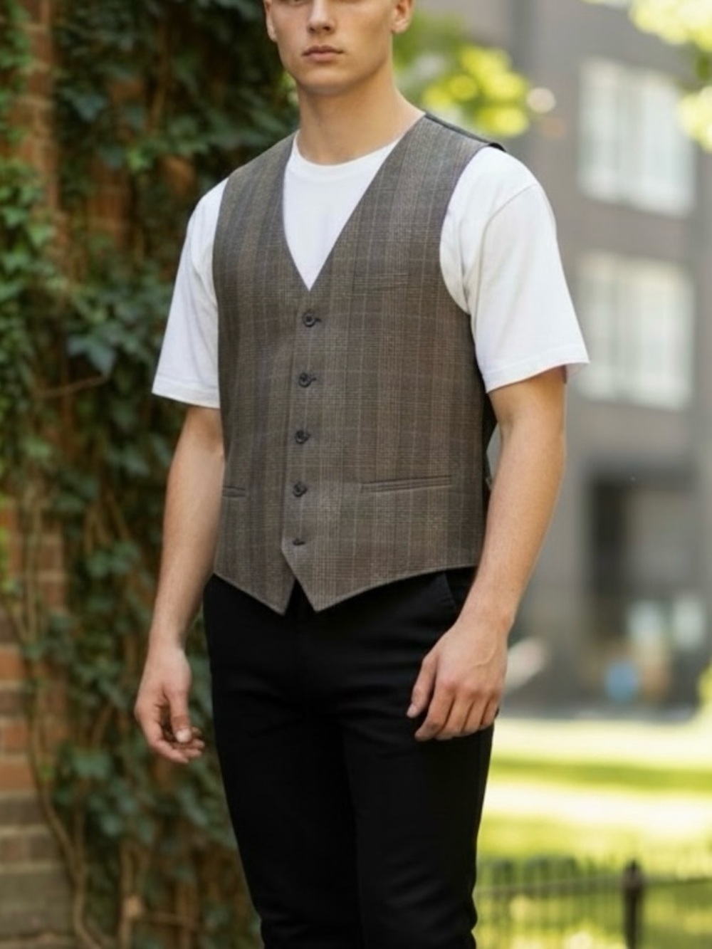 Route 66 Men's Plaid Black Graphic Winged 1983 Back Waistcoat Dress Vest Size L